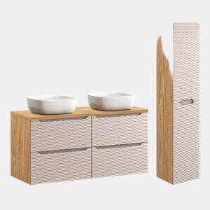 Conjunto móvel lavatório duplo 120cm 4 gavetas e coluna Elora Bege e madeira