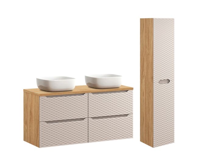 Conjunto de muebles con doble lavabo 120cm 4 cajones y columna elora beige y madera