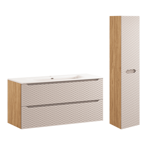 Conjunto móvel lavatório simples embutido 120cm 2 gavetas e coluna Elora Bege e madeira