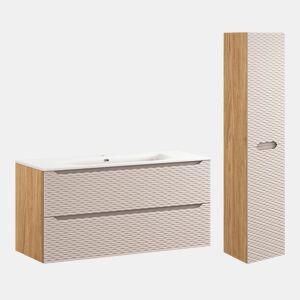 Conjunto móvel lavatório simples embutido 120cm 2 gavetas e coluna Elora Bege e madeira