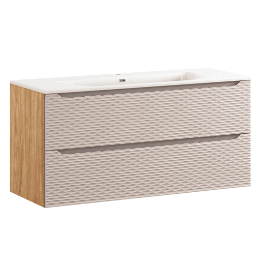 Conjunto móvel lavatório simples embutido 120cm 2 gavetas e coluna Elora Bege e madeira