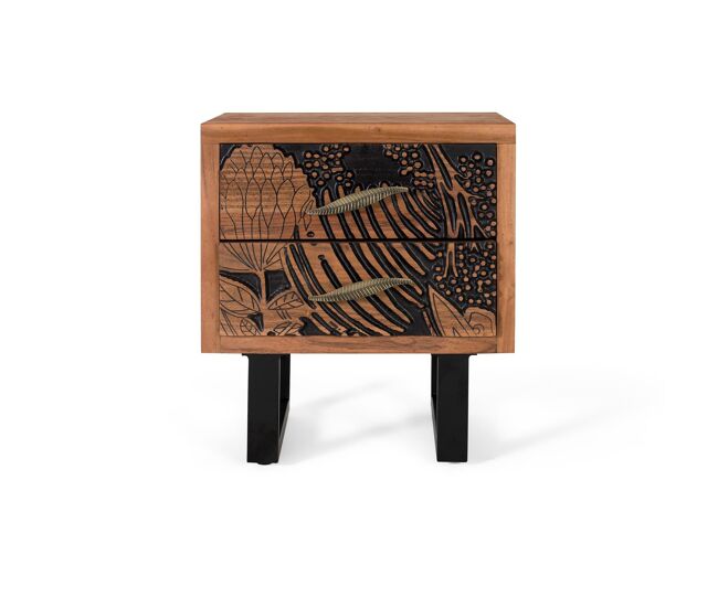 Mesita de noche de madera de acacia y patas de metal 56x50x40