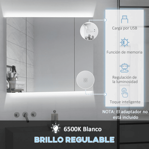 HOMCOM Armário Casa de Banho com Espelho e Luzes LED Armário com Espelho para Casa de Banho com Prateleiras Ajustáveis e USB Móvel para Casa de Banho Estilo Moderno 90x15x75 cm Branco