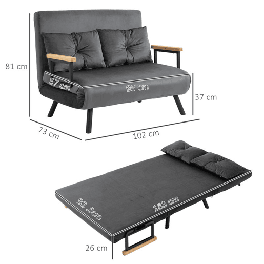 HOMCOM Sofá Cama Sofá Convertível em Cama de 2 Lugares Dobrável com Encosto Ajustável em 5 Níveis e 2 Almofadas Acolchoadas para Escritório Dormitório Sala de Estar 102x73x81 cm Cinza