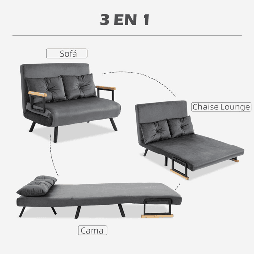 HOMCOM Sofá Cama Sofá Convertível em Cama de 2 Lugares Dobrável com Encosto Ajustável em 5 Níveis e 2 Almofadas Acolchoadas para Escritório Dormitório Sala de Estar 102x73x81 cm Cinza