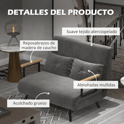 HOMCOM Sofá Cama Sofá Convertível em Cama de 2 Lugares Dobrável com Encosto Ajustável em 5 Níveis e 2 Almofadas Acolchoadas para Escritório Dormitório Sala de Estar 102x73x81 cm Cinza