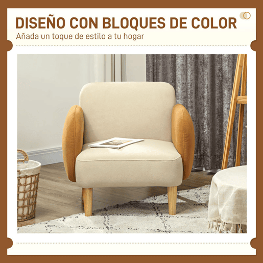 HOMCOM Poltrona de Sala Estofada em Veludo com Apoios de Braço e Pernas de Madeira Poltrona Compacta 120 kg para Quarto Escritório 72x76x74 cm Creme