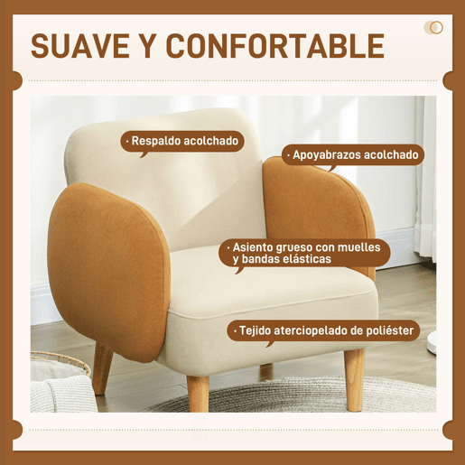 HOMCOM Poltrona de Sala Estofada em Veludo com Apoios de Braço e Pernas de Madeira Poltrona Compacta 120 kg para Quarto Escritório 72x76x74 cm Creme