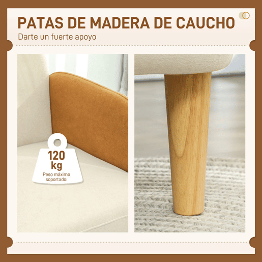 HOMCOM Poltrona de Sala Estofada em Veludo com Apoios de Braço e Pernas de Madeira Poltrona Compacta 120 kg para Quarto Escritório 72x76x74 cm Creme