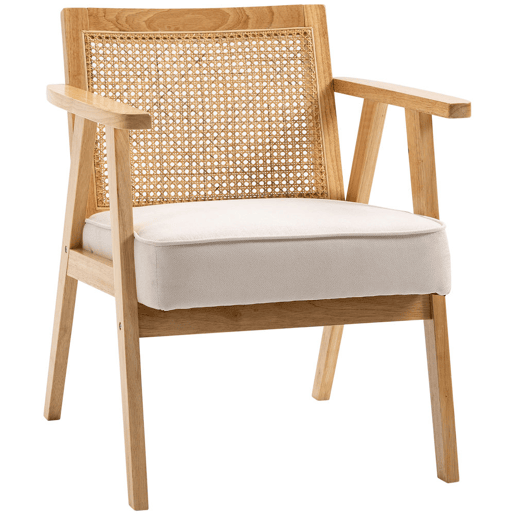 HOMCOM Cadeira de Sala de Estar Cadeira com Apoio para os Braços Encosto em Vime e Estrutura de Madeira de Borracha Cadeira para Dormitório Sala de Estar Carga 120 kg 63x69x78 cm Madeira e Bege