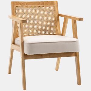 HOMCOM Cadeira de Sala de Estar Cadeira com Apoio para os Braços Encosto em Vime e Estrutura de Madeira de Borracha Cadeira para Dormitório Sala de Estar Carga 120 kg 63x69x78 cm Madeira e Bege