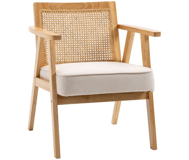 Homcom butaca de salón sillón de salón con reposabrazos respaldo de ratán y marco de madera de caucho butaca para dormitorio sala de estar carga 120 kg natural y beige