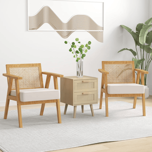 HOMCOM Cadeira de Sala de Estar Cadeira com Apoio para os Braços Encosto em Vime e Estrutura de Madeira de Borracha Cadeira para Dormitório Sala de Estar Carga 120 kg 63x69x78 cm Madeira e Bege
