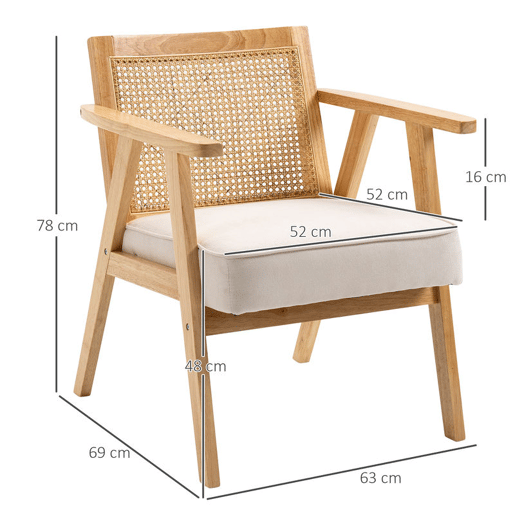 HOMCOM Cadeira de Sala de Estar Cadeira com Apoio para os Braços Encosto em Vime e Estrutura de Madeira de Borracha Cadeira para Dormitório Sala de Estar Carga 120 kg 63x69x78 cm Madeira e Bege