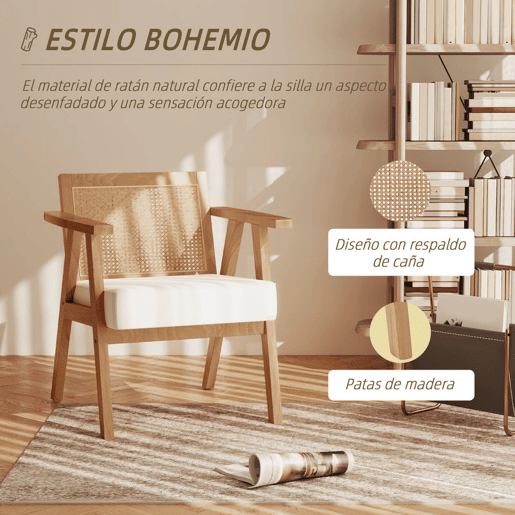 HOMCOM Cadeira de Sala de Estar Cadeira com Apoio para os Braços Encosto em Vime e Estrutura de Madeira de Borracha Cadeira para Dormitório Sala de Estar Carga 120 kg 63x69x78 cm Madeira e Bege