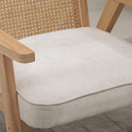 HOMCOM Cadeira de Sala de Estar Cadeira com Apoio para os Braços Encosto em Vime e Estrutura de Madeira de Borracha Cadeira para Dormitório Sala de Estar Carga 120 kg 63x69x78 cm Madeira e Bege