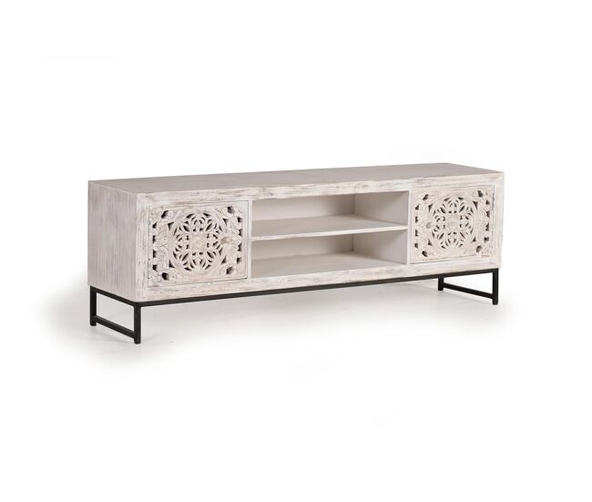 Mueble TV en madera de mango tallada y metal 55x170x40