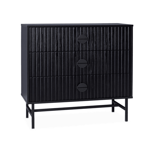 Cómoda com efeito de madeira e ranhuras de 3 gavetas, Bazalt, Preto, 90x39x83 cm