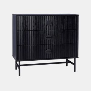Cómoda com efeito de madeira e ranhuras de 3 gavetas, Bazalt, Preto, 90x39x83 cm