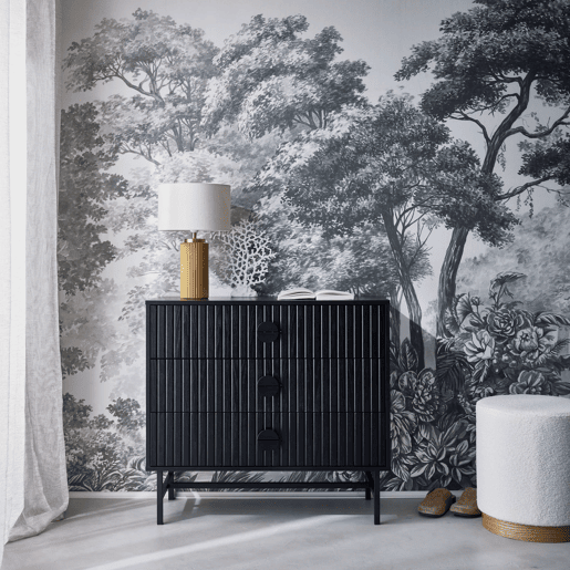 Cómoda com efeito de madeira e ranhuras de 3 gavetas, Bazalt, Preto, 90x39x83 cm