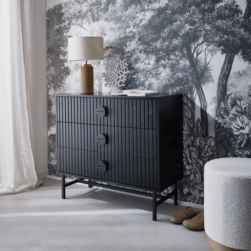 Cómoda com efeito de madeira e ranhuras de 3 gavetas, Bazalt, Preto, 90x39x83 cm