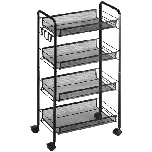 HOMCOM Carrinho Auxiliar com Rodas, Estante de 4 Níveis para Cozinha, Carrinho com 4 Ganchos, Suporta até 12 kg, Ideal para Sala de Jantar, Sala de Estar ou Casa de Banho, 45x26,5x84 cm, Preto