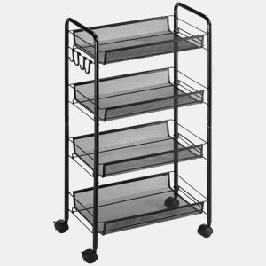 HOMCOM Carrinho Auxiliar com Rodas, Estante de 4 Níveis para Cozinha, Carrinho com 4 Ganchos, Suporta até 12 kg, Ideal para Sala de Jantar, Sala de Estar ou Casa de Banho, 45x26,5x84 cm, Preto