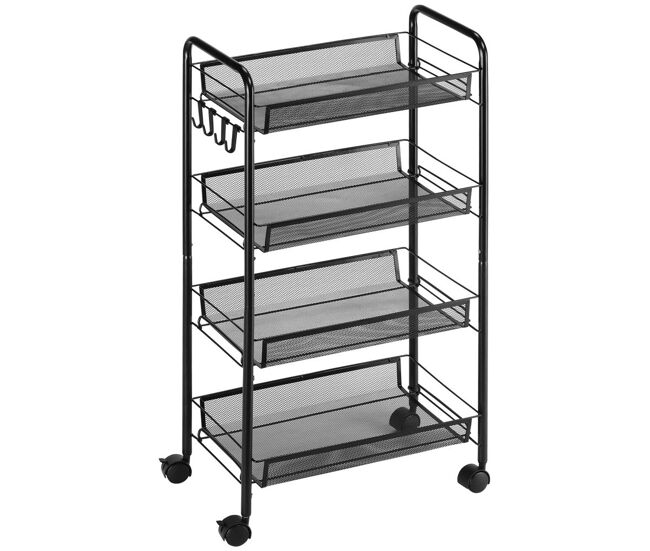 Homcom carrito auxiliar con ruedas, verdulero cocina de 4 niveles, carrito de cocina con 4 ganchos, carga 12 kg, para comedor, sala de estar, baño, 45x26,5x84 cm, negro