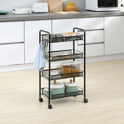 HOMCOM Carrinho Auxiliar com Rodas, Estante de 4 Níveis para Cozinha, Carrinho com 4 Ganchos, Suporta até 12 kg, Ideal para Sala de Jantar, Sala de Estar ou Casa de Banho, 45x26,5x84 cm, Preto