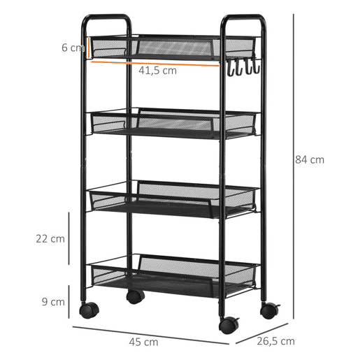 HOMCOM Carrinho Auxiliar com Rodas, Estante de 4 Níveis para Cozinha, Carrinho com 4 Ganchos, Suporta até 12 kg, Ideal para Sala de Jantar, Sala de Estar ou Casa de Banho, 45x26,5x84 cm, Preto