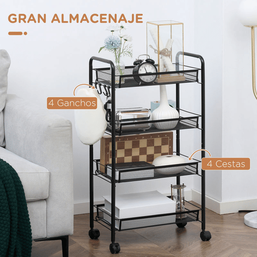 HOMCOM Carrinho Auxiliar com Rodas, Estante de 4 Níveis para Cozinha, Carrinho com 4 Ganchos, Suporta até 12 kg, Ideal para Sala de Jantar, Sala de Estar ou Casa de Banho, 45x26,5x84 cm, Preto