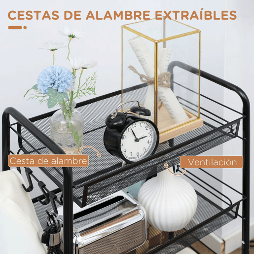 HOMCOM Carrinho Auxiliar com Rodas, Estante de 4 Níveis para Cozinha, Carrinho com 4 Ganchos, Suporta até 12 kg, Ideal para Sala de Jantar, Sala de Estar ou Casa de Banho, 45x26,5x84 cm, Preto
