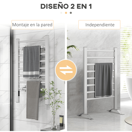 HOMCOM Toalheiro Elétrico de Parede ou Solo 150 W Aquecedor de Toalhas de Liga de Alumínio com Função de Temporizador e 8 Barras para Casa de Banho 53x35x90 cm Prata