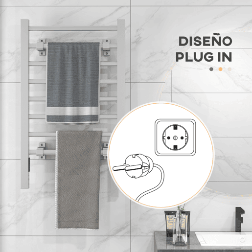 HOMCOM Toalheiro Elétrico de Parede ou Solo 150 W Aquecedor de Toalhas de Liga de Alumínio com Função de Temporizador e 8 Barras para Casa de Banho 53x35x90 cm Prata