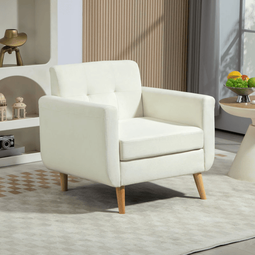HOMCOM Poltrona Sala de Estar Moderna Poltrona Dormitório com Apoio para os Braços e Pés de Madeira Sofá Individual para Escritório Carga 125 kg 78x70x75 cm Creme