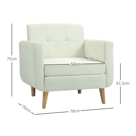 HOMCOM Poltrona Sala de Estar Moderna Poltrona Dormitório com Apoio para os Braços e Pés de Madeira Sofá Individual para Escritório Carga 125 kg 78x70x75 cm Creme