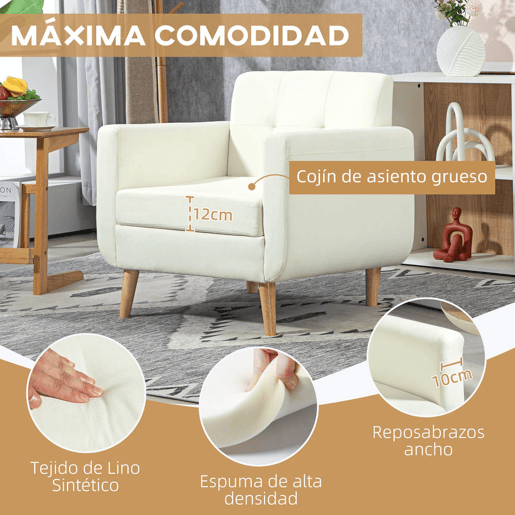 HOMCOM Poltrona Sala de Estar Moderna Poltrona Dormitório com Apoio para os Braços e Pés de Madeira Sofá Individual para Escritório Carga 125 kg 78x70x75 cm Creme