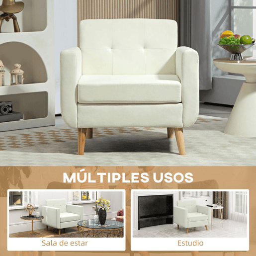 HOMCOM Poltrona Sala de Estar Moderna Poltrona Dormitório com Apoio para os Braços e Pés de Madeira Sofá Individual para Escritório Carga 125 kg 78x70x75 cm Creme