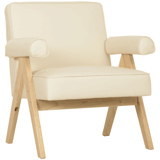 HOMCOM Poltrona Sala de Estar Poltrona Nórdica Poltrona Estofada em PU com Apoio para os Braços e Estrutura de Madeira de Borracha para Dormitório Carga 120 kg 73x70x80 cm Creme