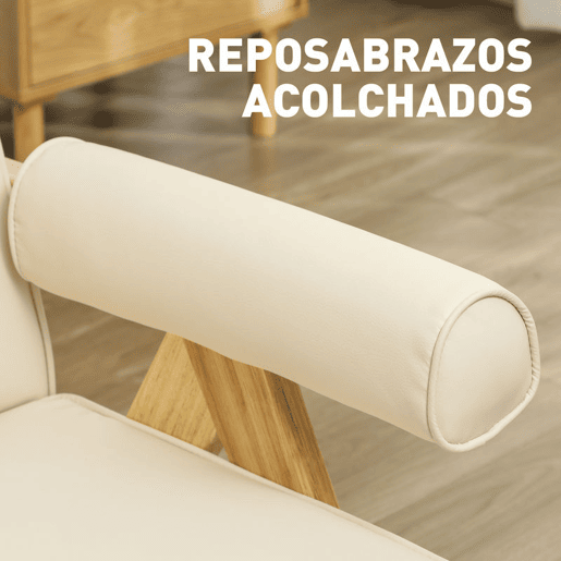 HOMCOM Poltrona Sala de Estar Poltrona Nórdica Poltrona Estofada em PU com Apoio para os Braços e Estrutura de Madeira de Borracha para Dormitório Carga 120 kg 73x70x80 cm Creme
