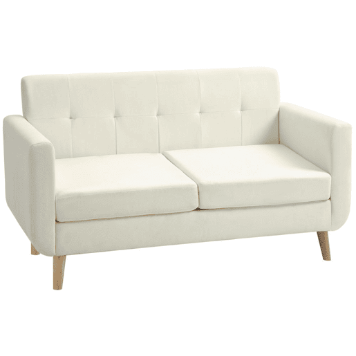 HOMCOM Sofá de 2 Lugares Sofá Estofado em Linho Sintético Sofá Sala de Estar com Apoio para os Braços e Pés de Madeira Sofá Pequeno Carga 250 kg 138,5x70x75 cm Creme