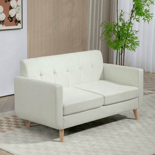 HOMCOM Sofá de 2 Lugares Sofá Estofado em Linho Sintético Sofá Sala de Estar com Apoio para os Braços e Pés de Madeira Sofá Pequeno Carga 250 kg 138,5x70x75 cm Creme