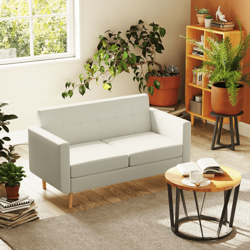 HOMCOM Sofá de 2 Lugares Sofá Estofado em Linho Sintético Sofá Sala de Estar com Apoio para os Braços e Pés de Madeira Sofá Pequeno Carga 250 kg 138,5x70x75 cm Creme