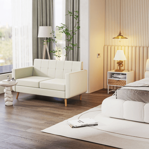 HOMCOM Sofá de 2 Lugares Sofá Estofado em Linho Sintético Sofá Sala de Estar com Apoio para os Braços e Pés de Madeira Sofá Pequeno Carga 250 kg 138,5x70x75 cm Creme