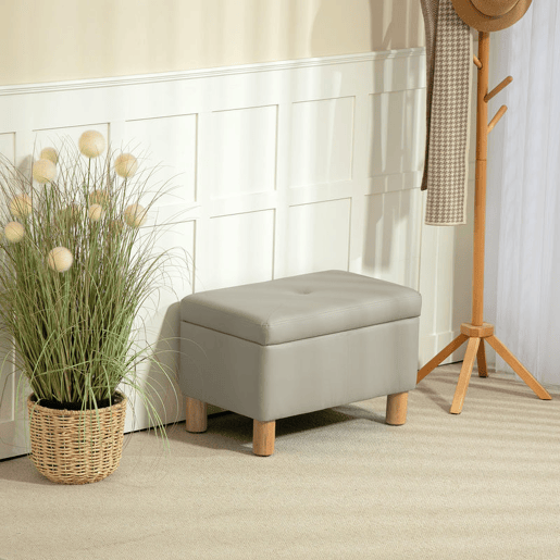 HOMCOM Baú de Armazenamento para Dormitório 33L Puff de Armazenamento Estofado em PU Banco de Arrumação com Pés de Madeira para Corredor Sala de Estar 60x38x40 cm Cinza Claro