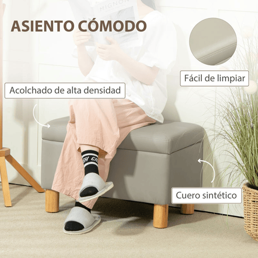HOMCOM Baú de Armazenamento para Dormitório 33L Puff de Armazenamento Estofado em PU Banco de Arrumação com Pés de Madeira para Corredor Sala de Estar 60x38x40 cm Cinza Claro