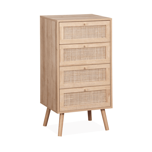 Cómoda com efeito de madeira e cana de 4 gavetas, Boheme, Natural, 48x39.5x96 cm