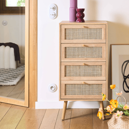 Cómoda com efeito de madeira e cana de 4 gavetas, Boheme, Natural, 48x39.5x96 cm