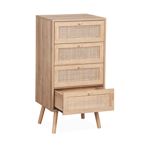 Cómoda com efeito de madeira e cana de 4 gavetas, Boheme, Natural, 48x39.5x96 cm
