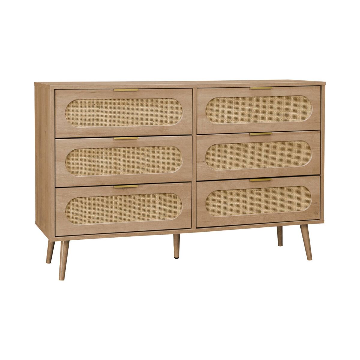 Cómoda de madera y caña redondeada, 6 cajones